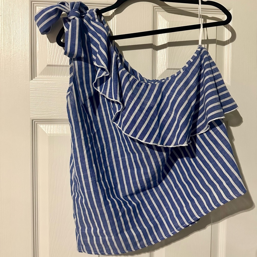 Blue and White Striped One Shoulder Bow Women's Top